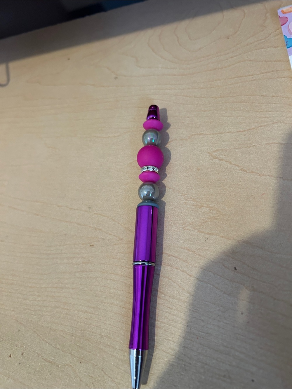 Purple Beaded Ballpoint Pen - Pink and Silver Accents